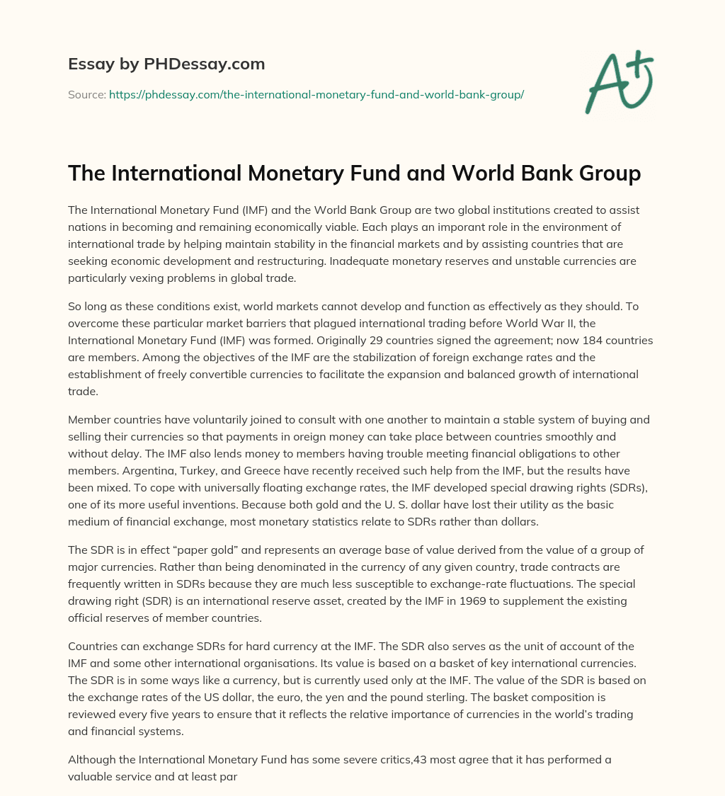 The International Monetary Fund and World Bank Group essay