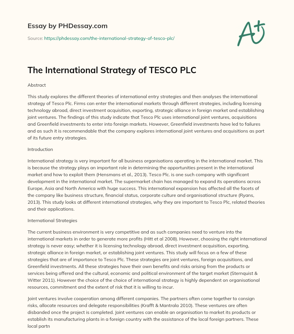 The International Strategy of TESCO PLC essay