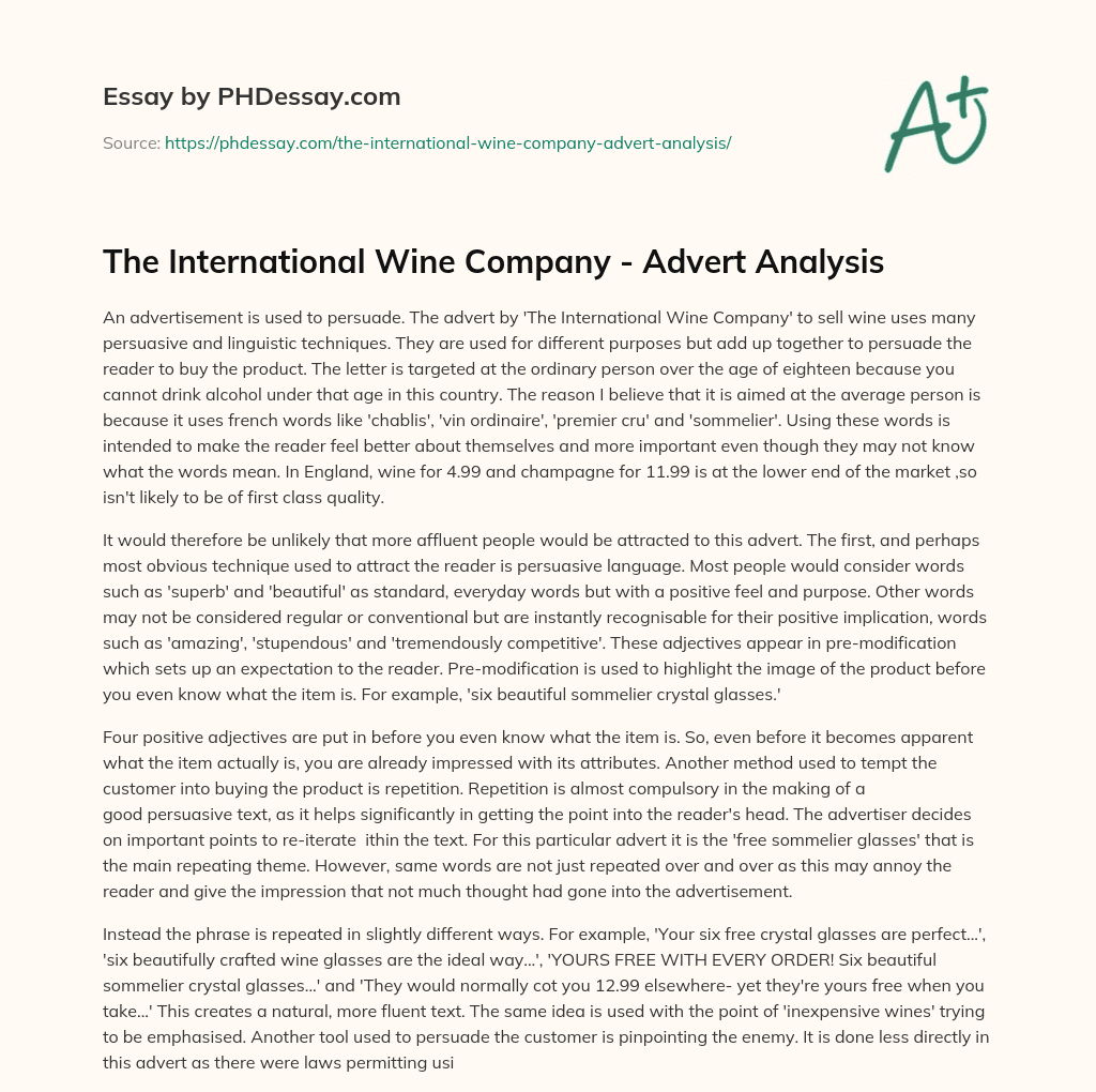 The International Wine Company – Advert Analysis essay