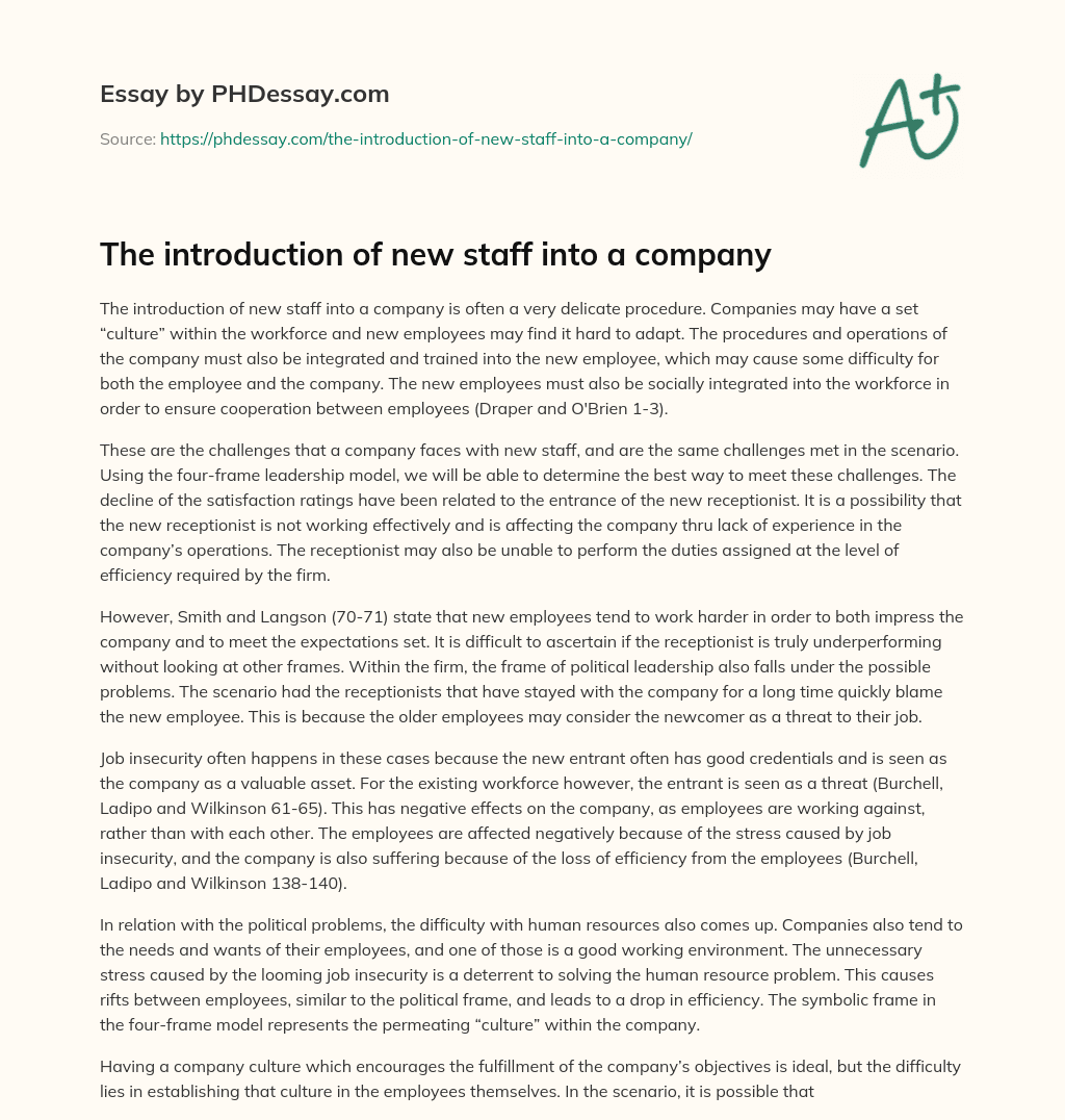The introduction of new staff into a company essay