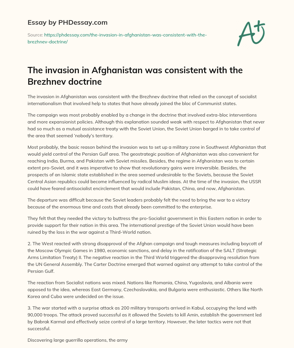 The invasion in Afghanistan was consistent with the Brezhnev doctrine essay