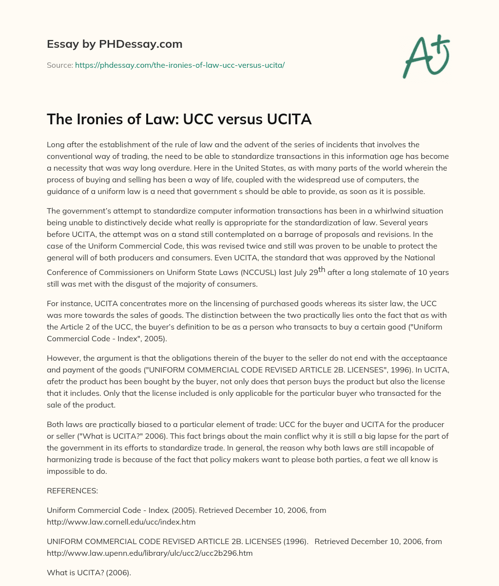 The Ironies of Law: UCC versus UCITA essay