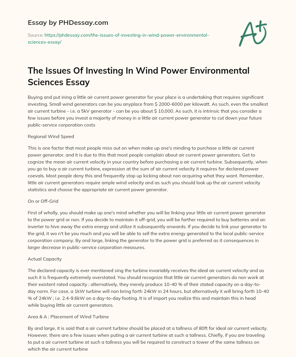 The Issues Of Investing In Wind Power Environmental Sciences Essay essay