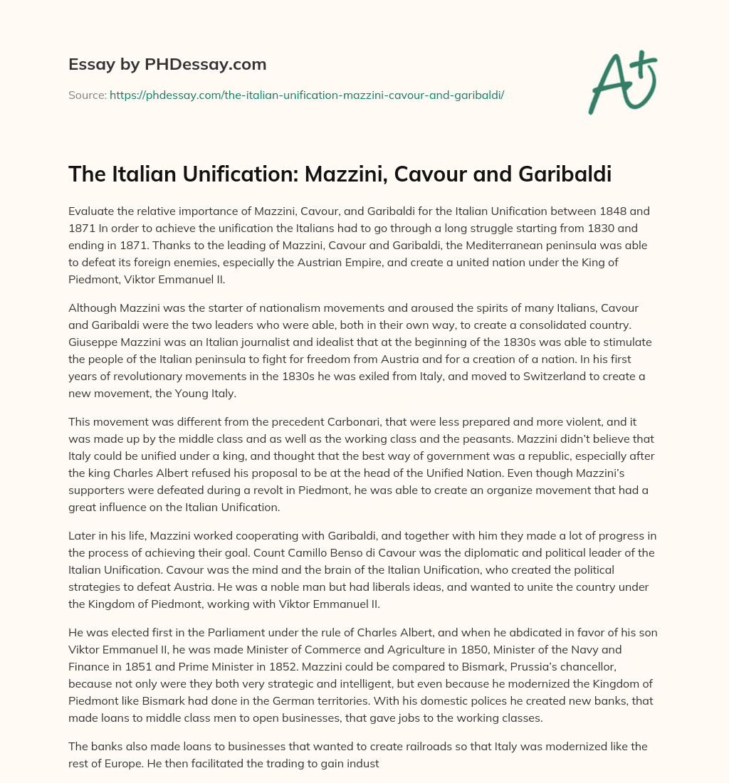 The Italian Unification: Mazzini, Cavour and Garibaldi essay