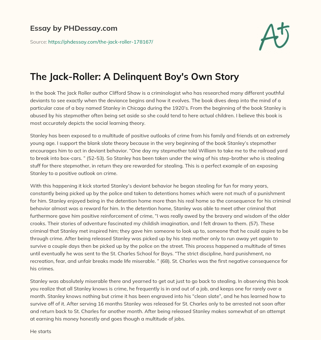 The Jack-Roller: A Delinquent Boy’s Own Story essay