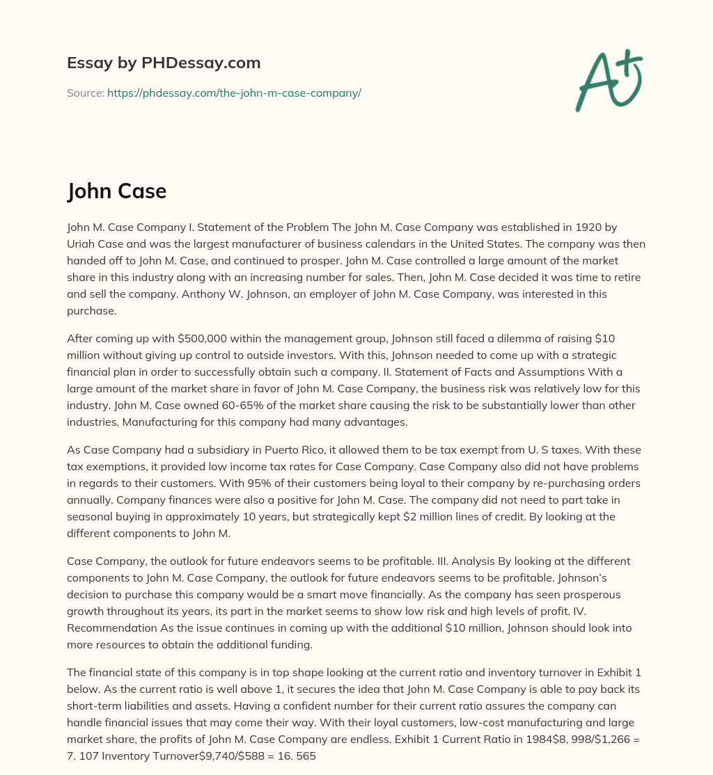 John M. Case Company: Strategic Financial Plan for Acquisition essay