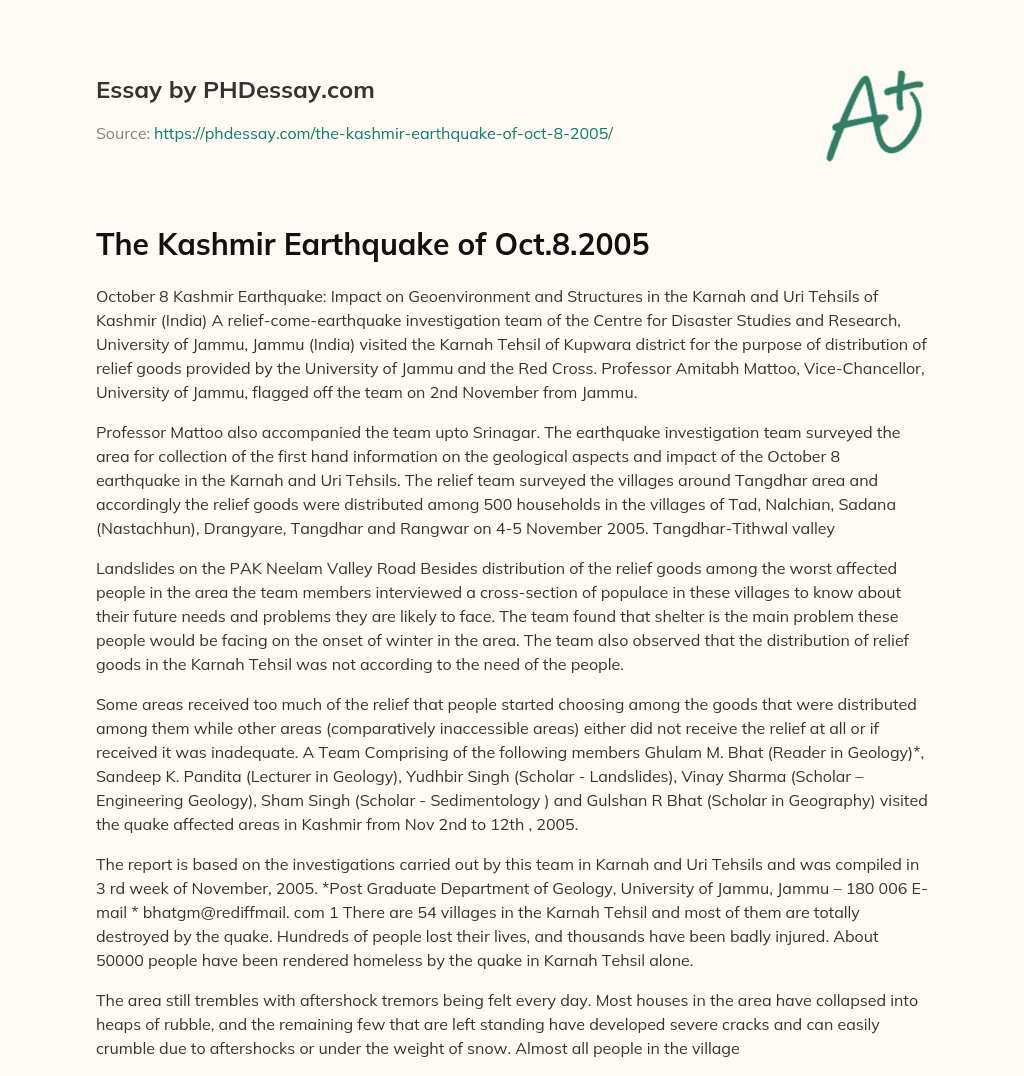The Kashmir Earthquake of Oct.8.2005 essay