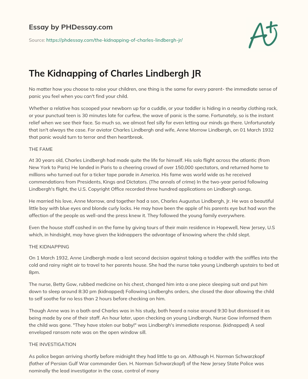 The Kidnapping of Charles Lindbergh JR essay
