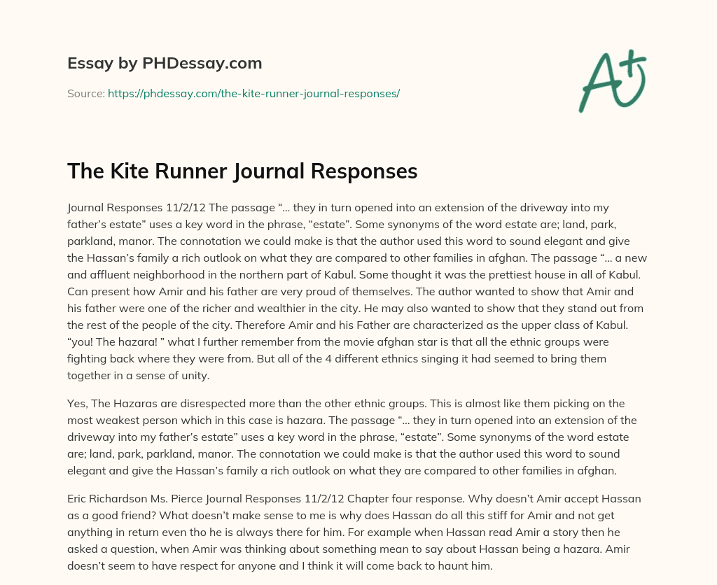 The Kite Runner Journal Responses essay