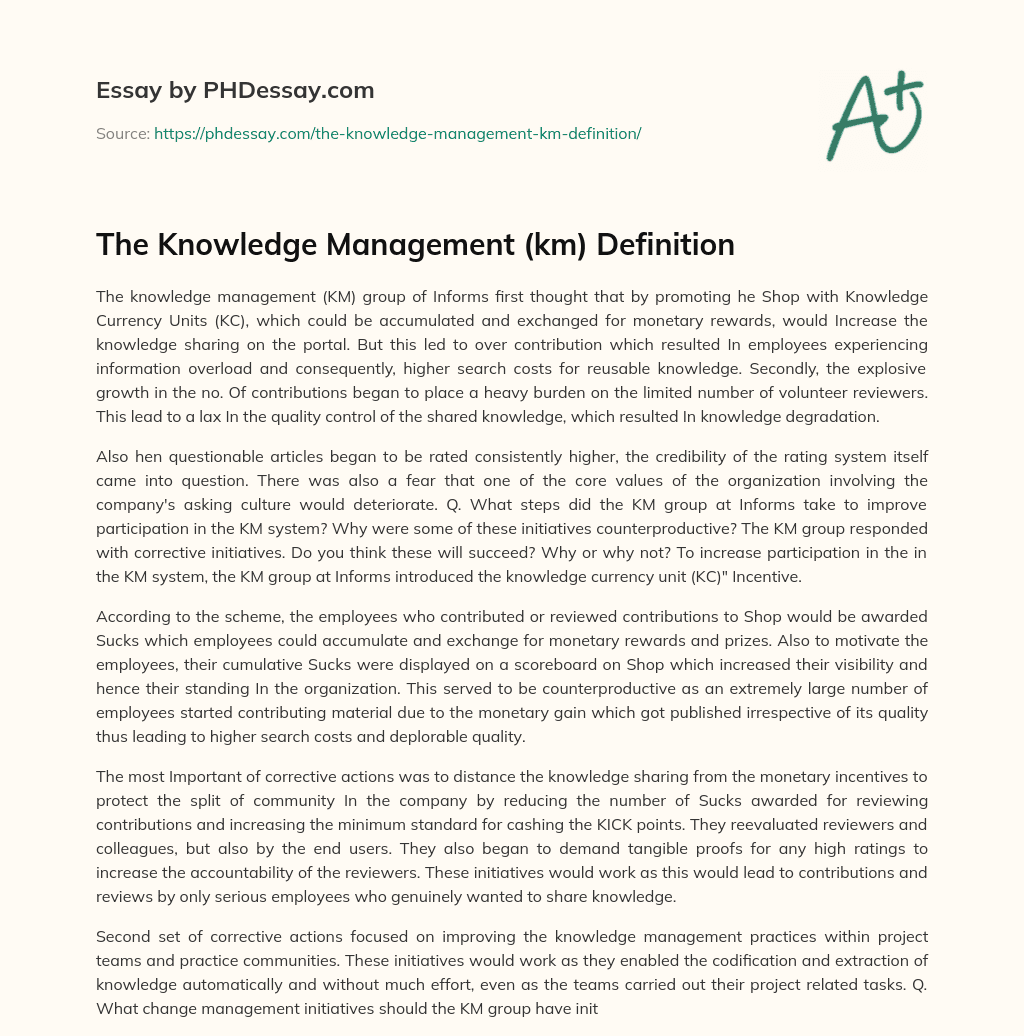 The Knowledge Management (km) Definition essay