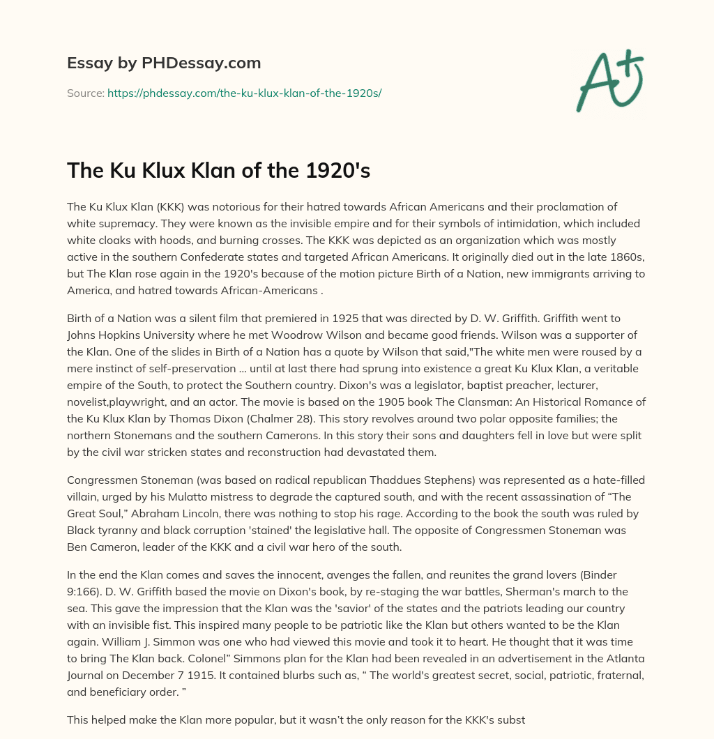 The Ku Klux Klan of the 1920’s essay