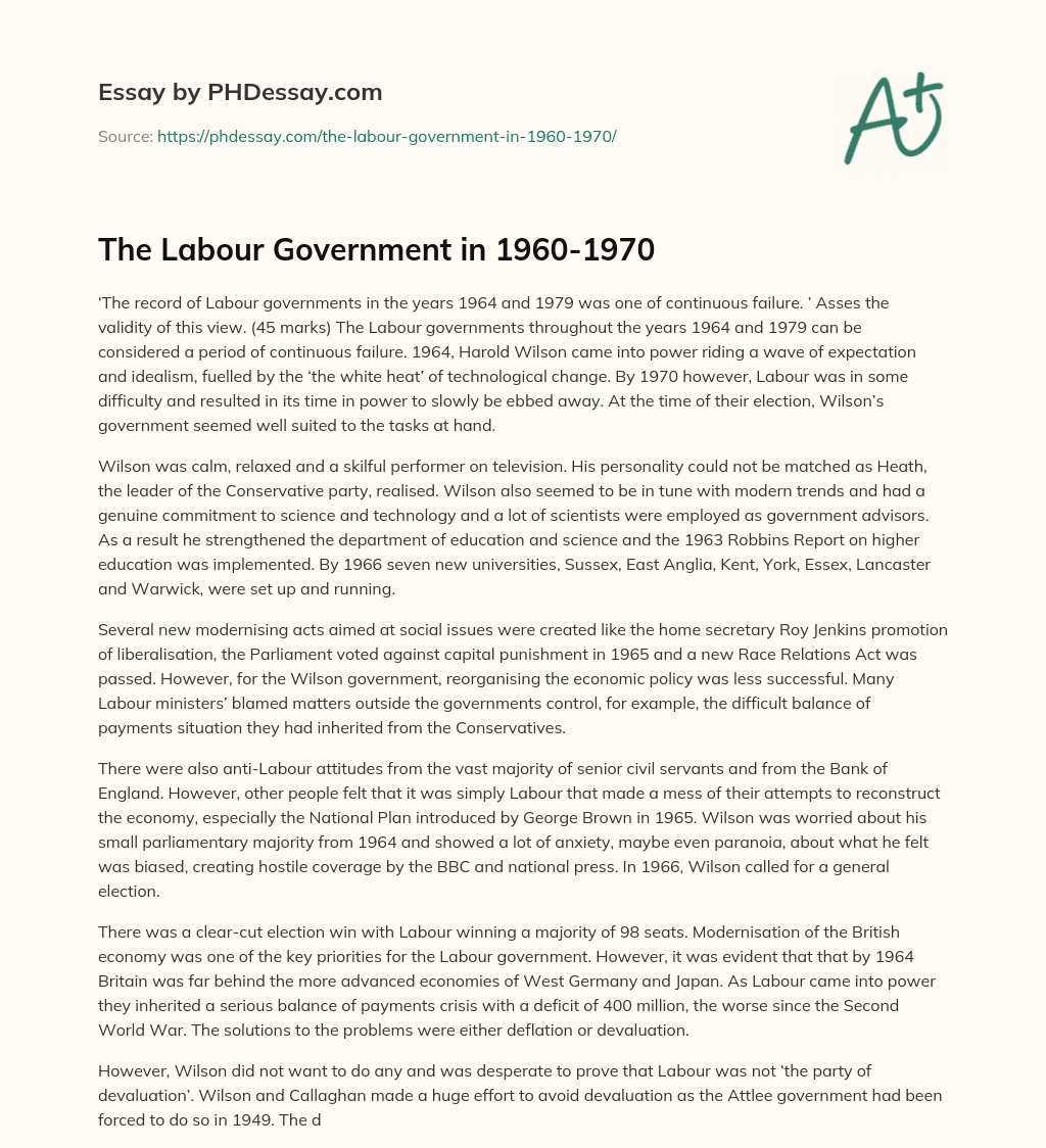 The Labour Government in 1960-1970 essay