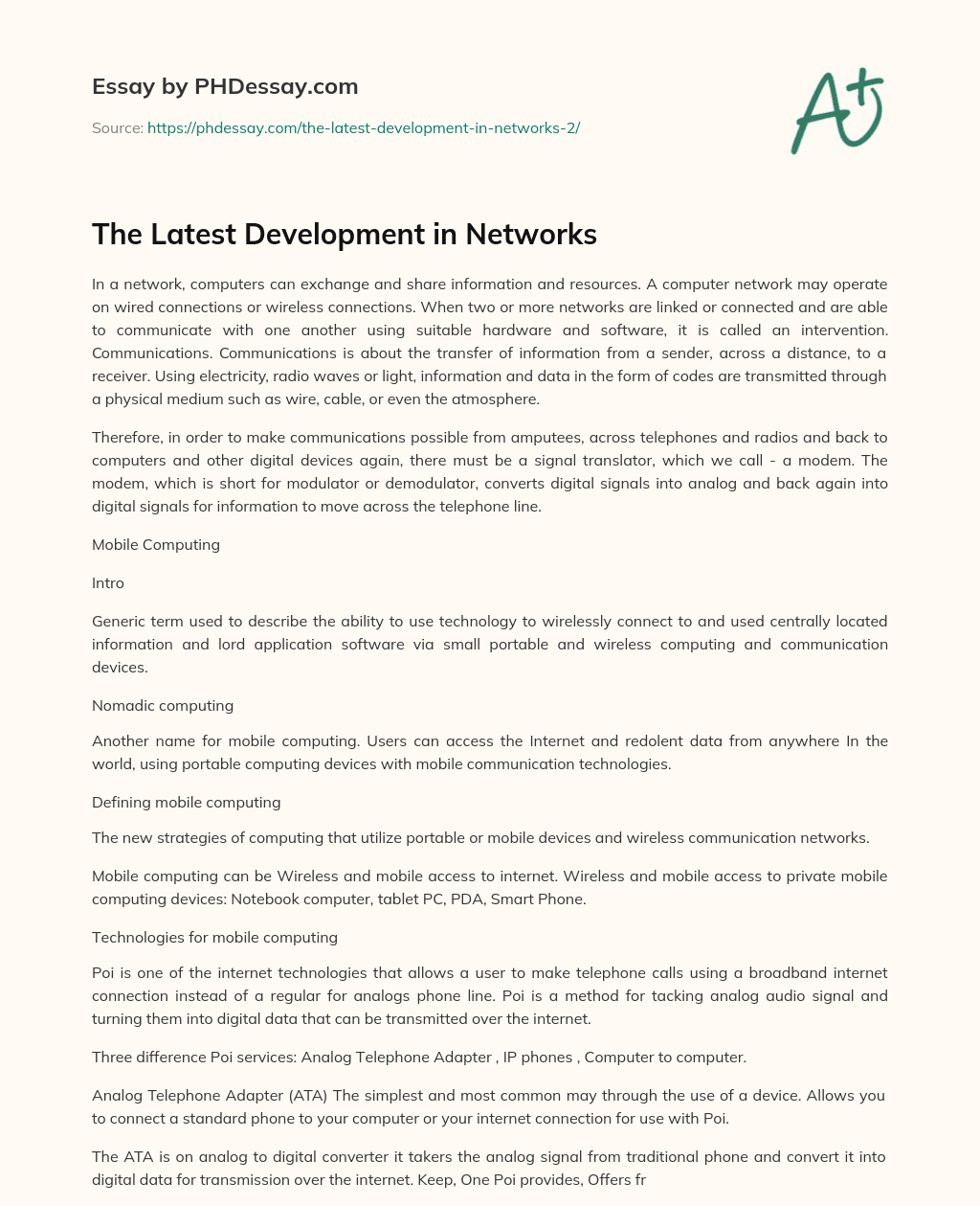 The Latest Development in Networks essay