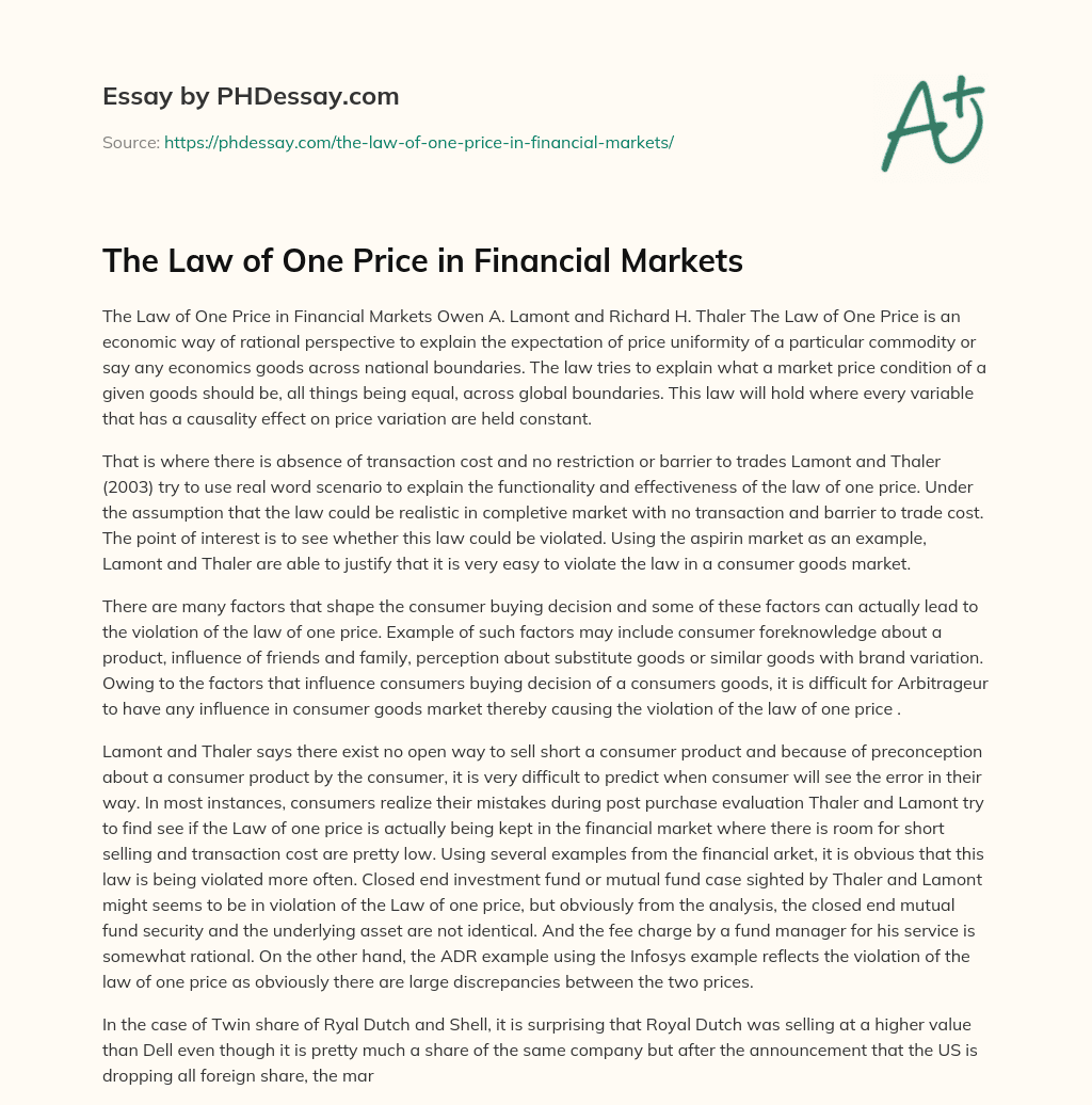 The Law of One Price in Financial Markets essay