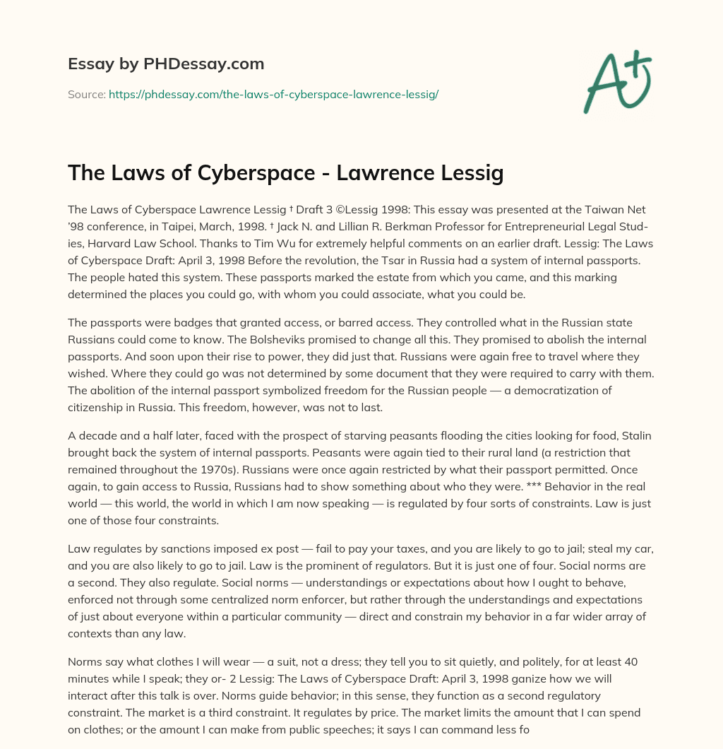 The Laws of Cyberspace – Lawrence Lessig essay