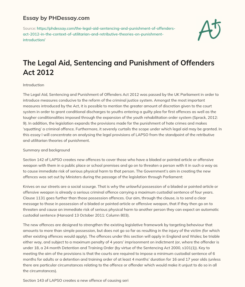 The Legal Aid, Sentencing and Punishment of Offenders Act 2012 essay