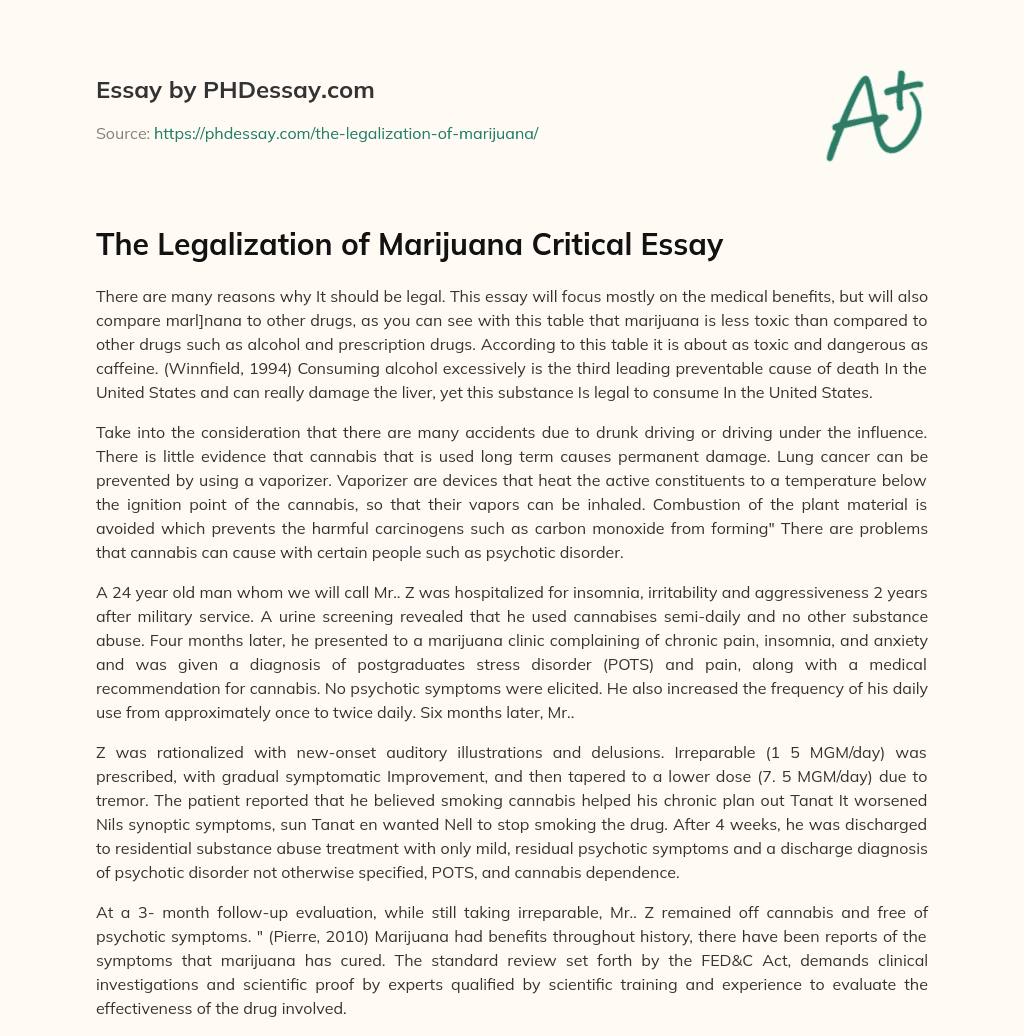 The Legalization of Marijuana Critical Essay essay