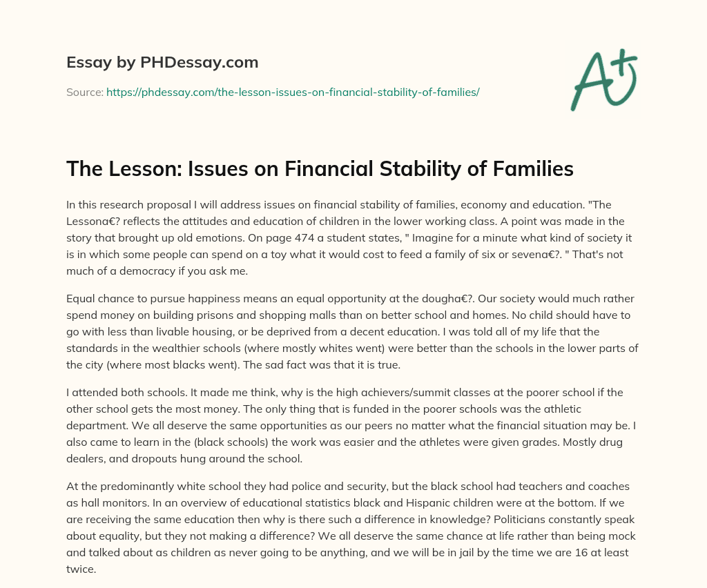 The Lesson: Issues on Financial Stability of Families essay
