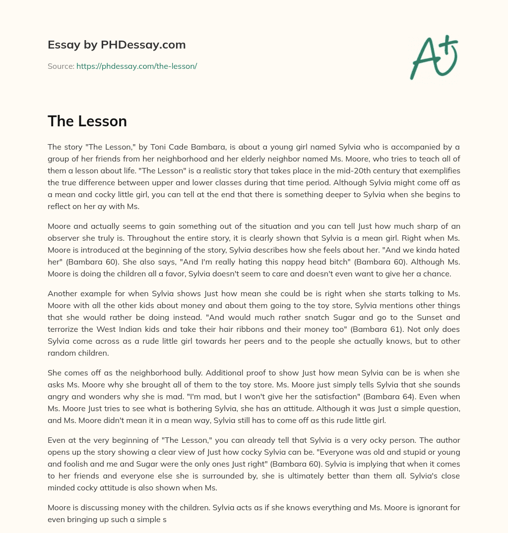 The Lesson by Toni Cade Bambara: A Story of Class Differences and Personal Growth essay