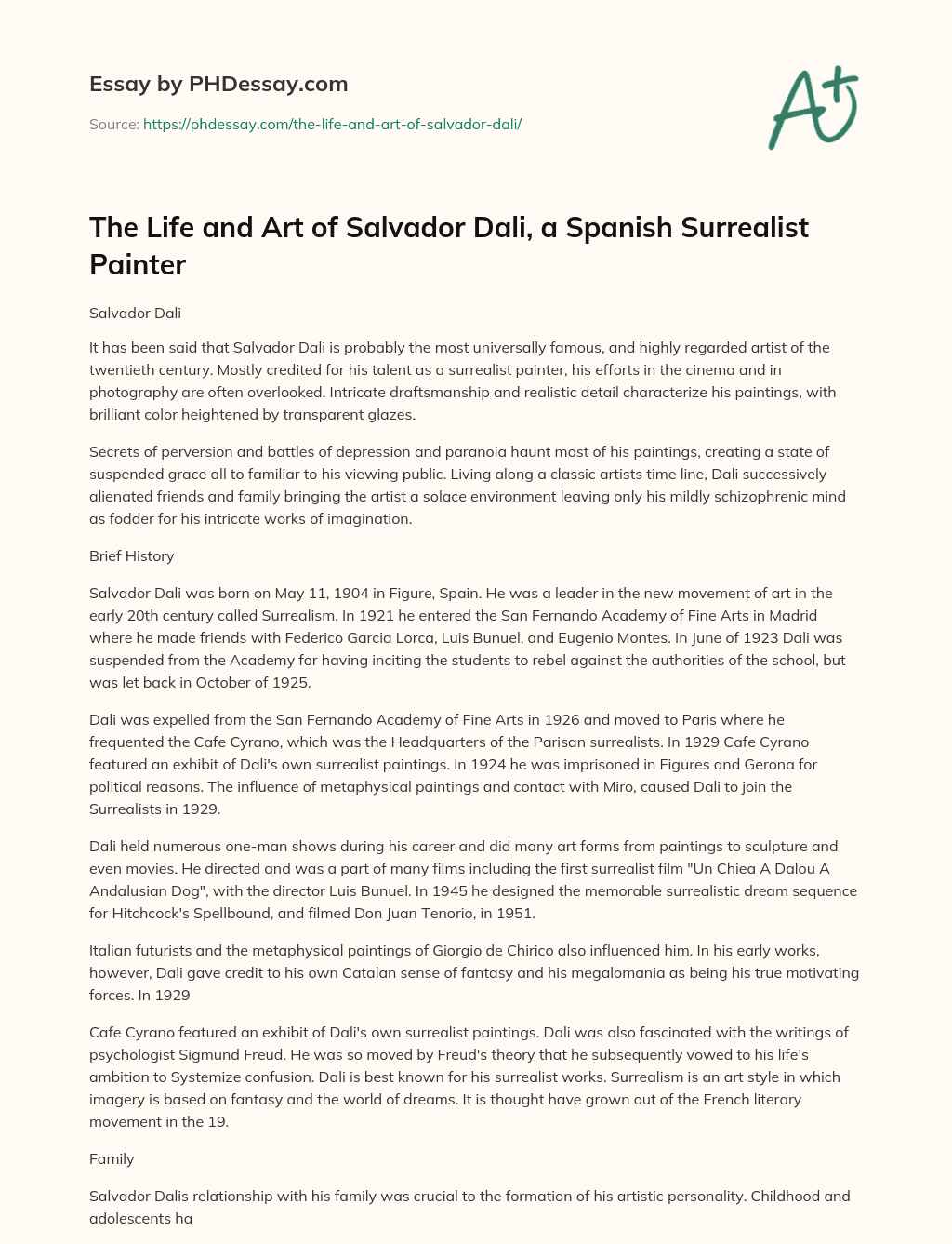 The Life and Art of Salvador Dali, a Spanish Surrealist Painter essay