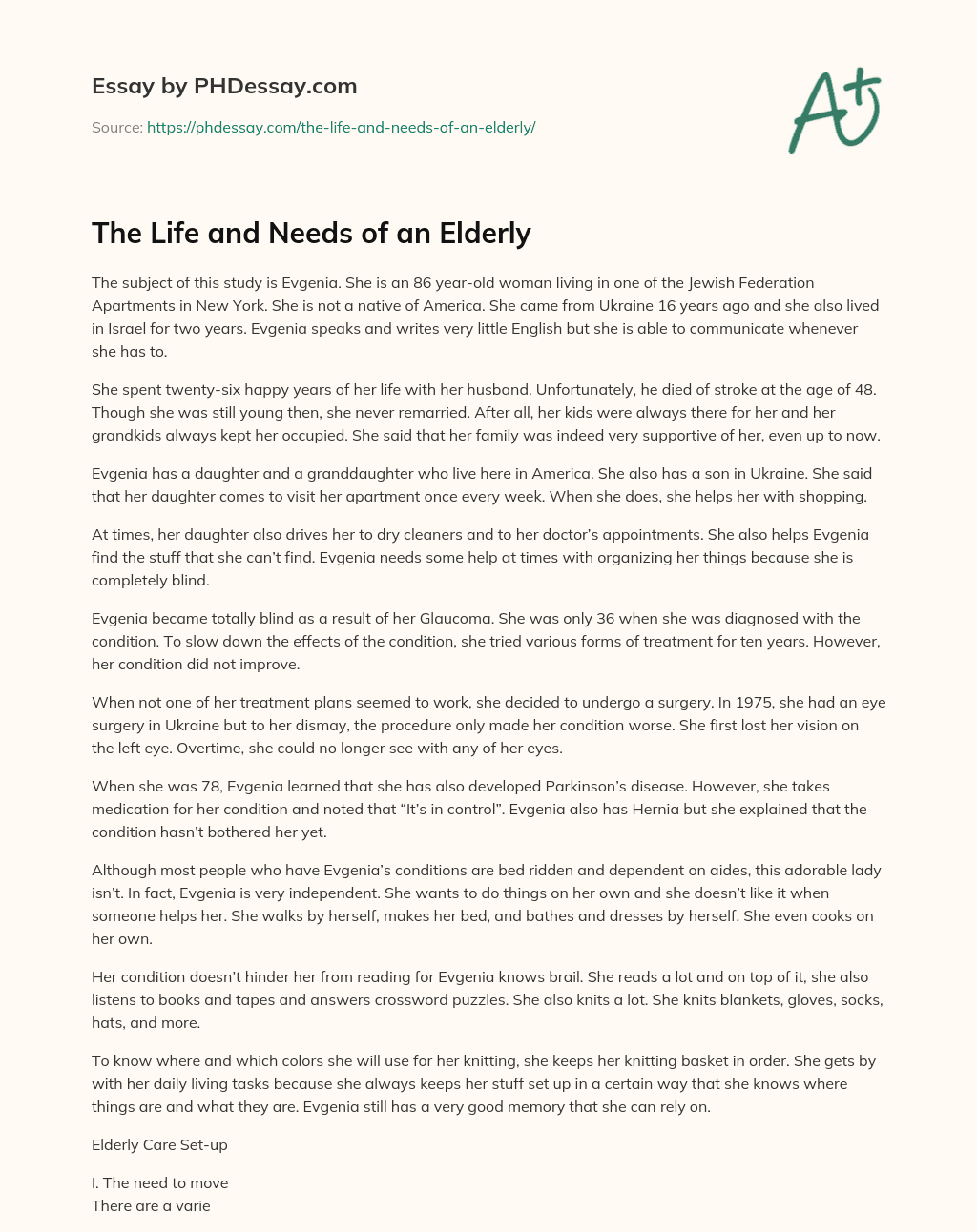 The Life and Needs of an Elderly essay