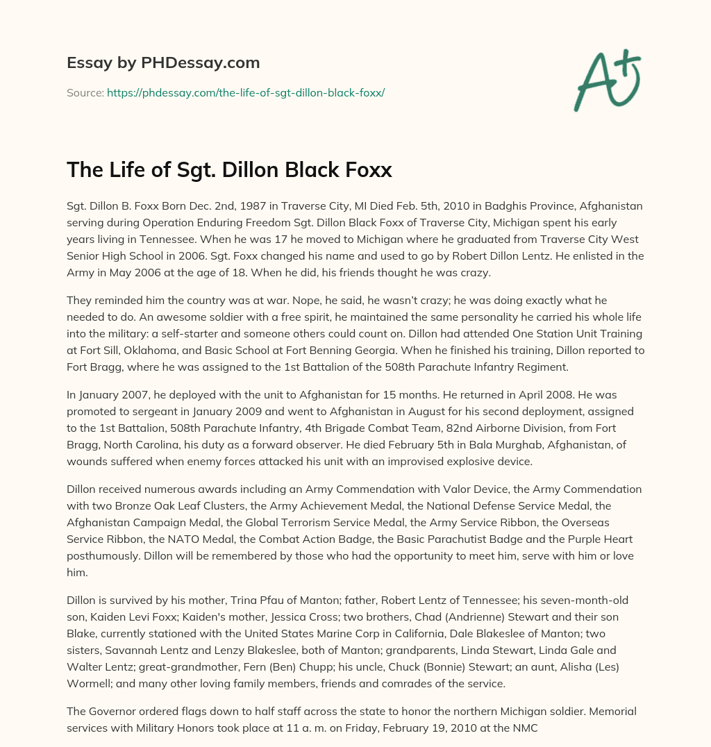 The Life of Sgt. Dillon Black Foxx essay