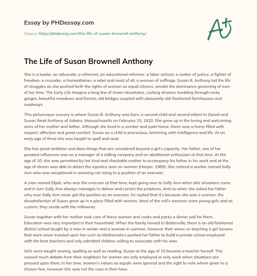 The Life of Susan Brownell Anthony essay