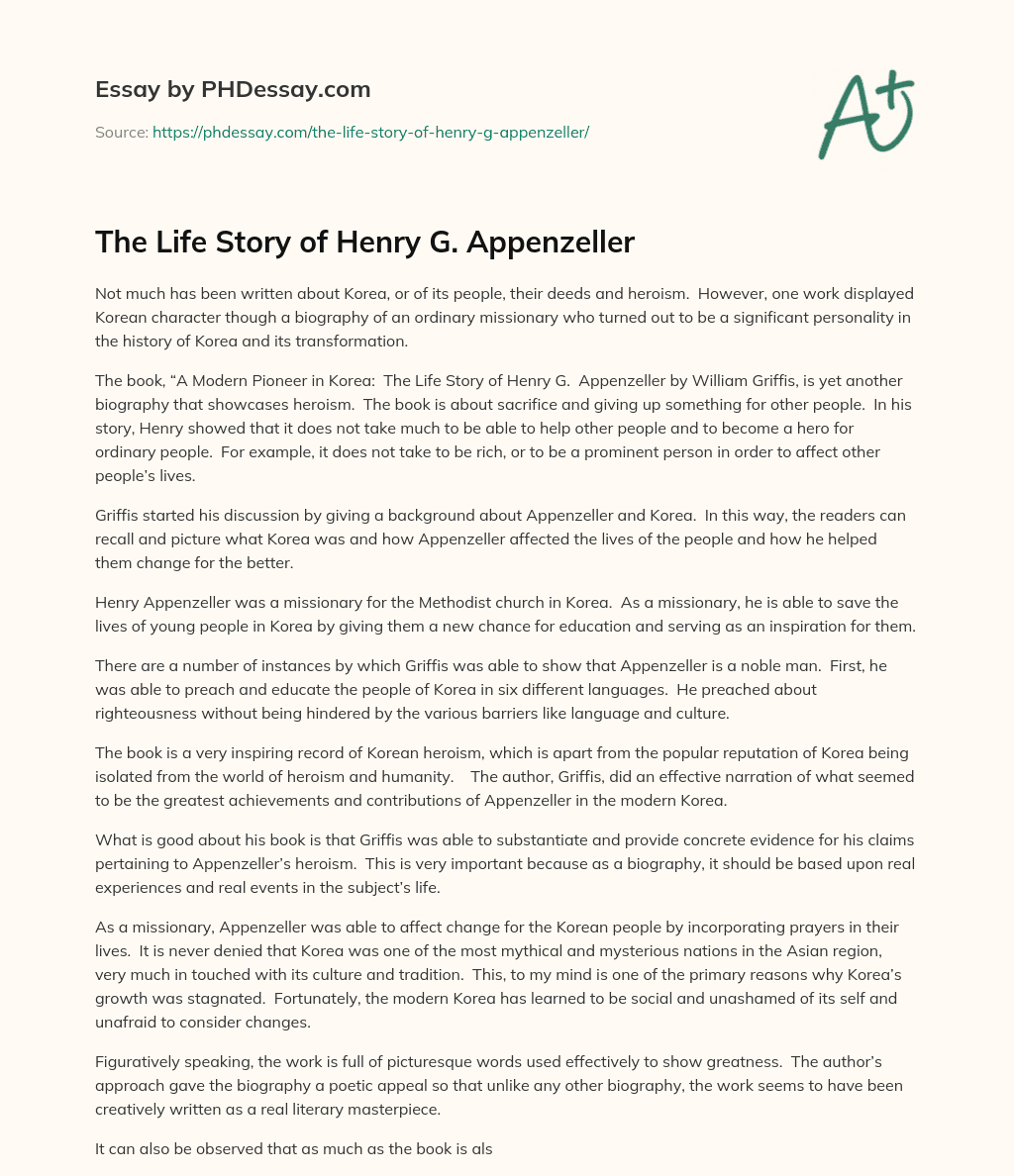 The Life Story of Henry G.  Appenzeller essay
