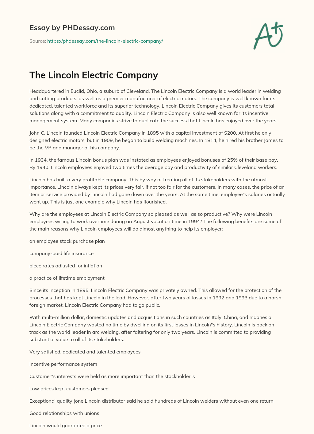 The Lincoln Electric Company essay