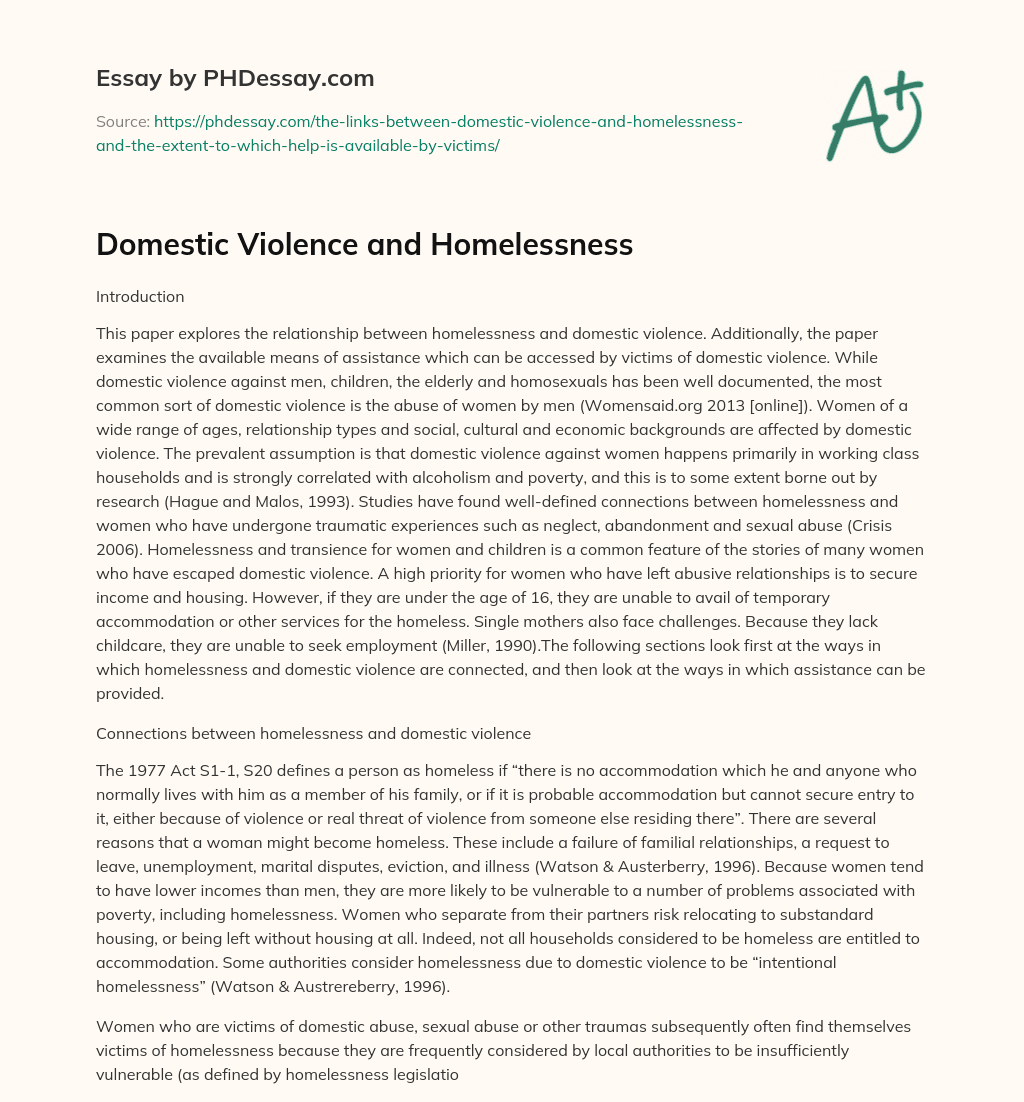 Domestic Violence and Homelessness essay