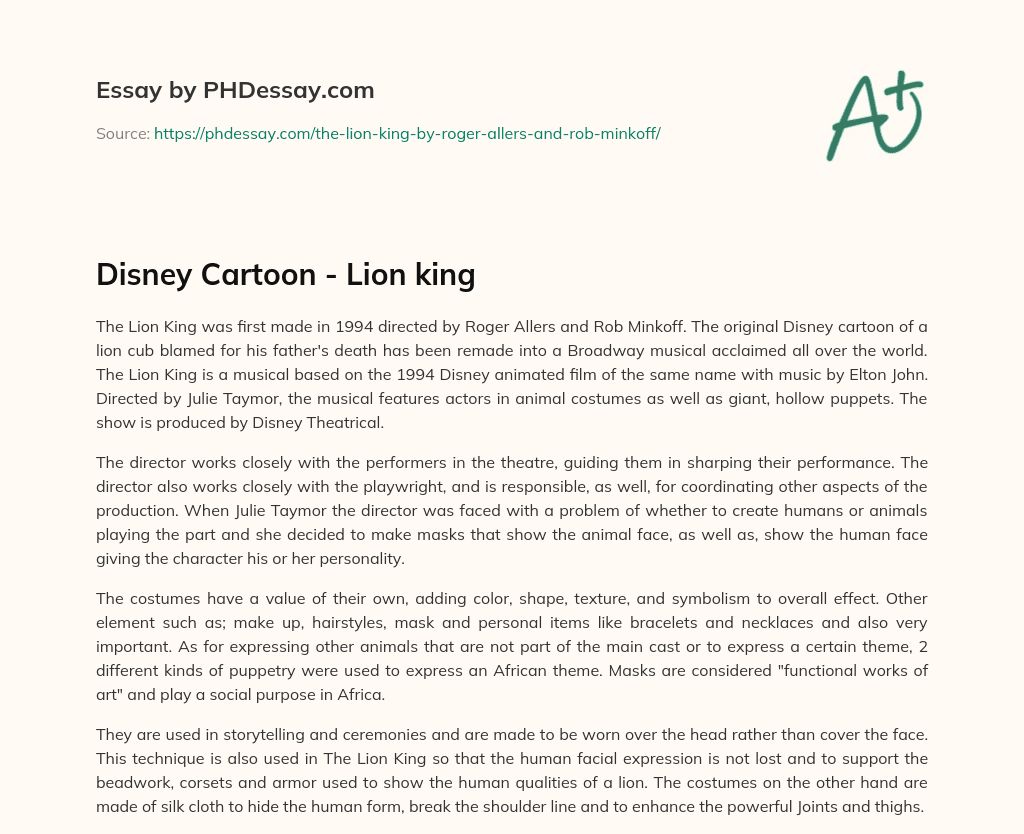Disney Cartoon – Lion king essay