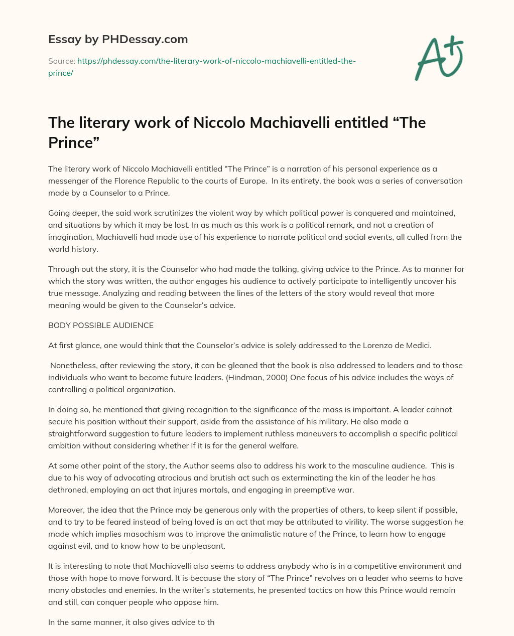 The literary work of Niccolo Machiavelli entitled “The Prince” essay