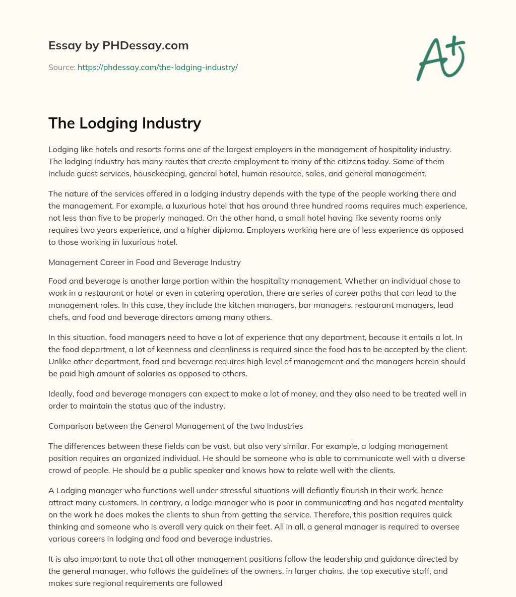 The Lodging Industry PHDessay