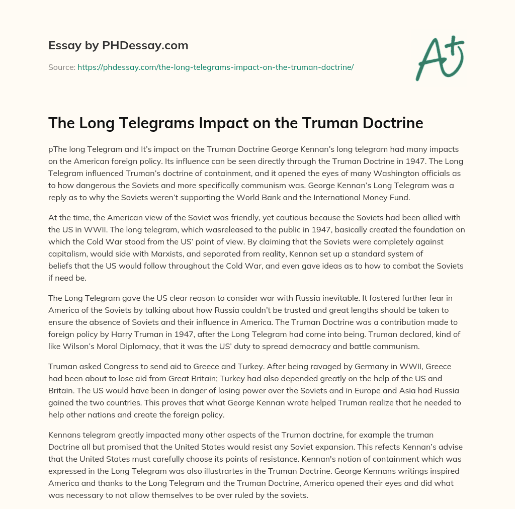 The Long Telegrams Impact on the Truman Doctrine essay