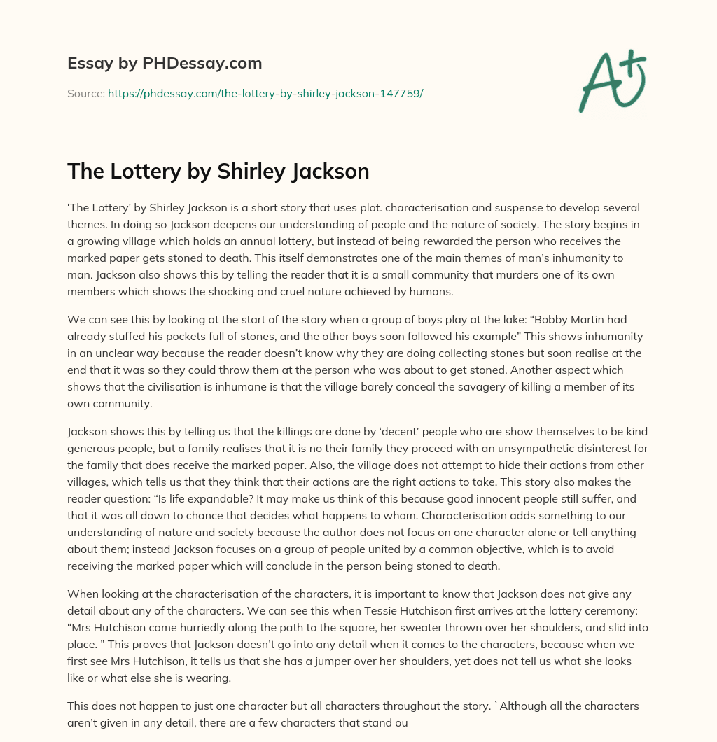 Themes of Inhumanity and Societal Conformity in ‘The Lottery’ by Shirley Jackson essay