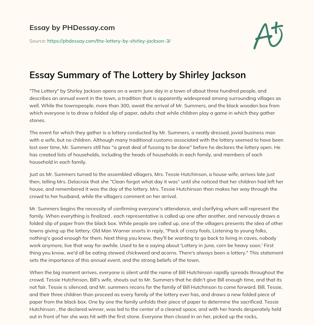 Essay Summary of The Lottery by Shirley Jackson essay