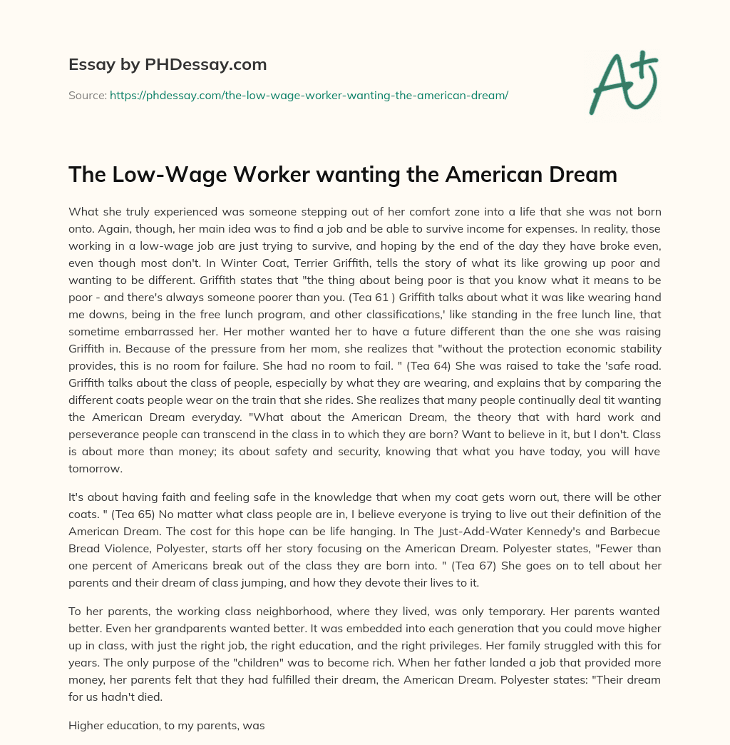 The Low-Wage Worker wanting the American Dream essay