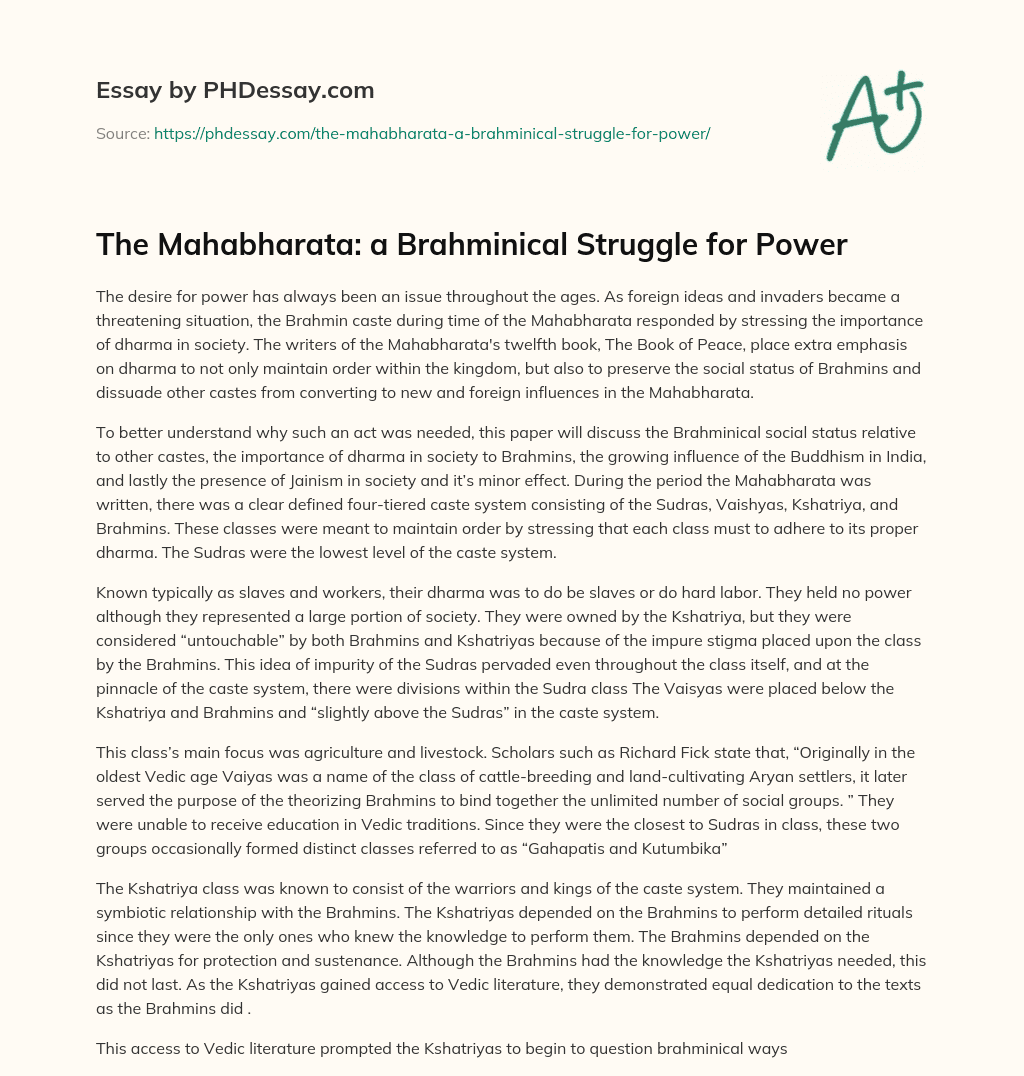 The Mahabharata: a Brahminical Struggle for Power essay