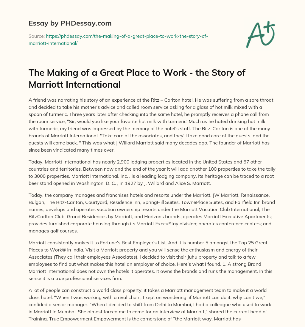 The Making of a Great Place to Work – the Story of Marriott International essay