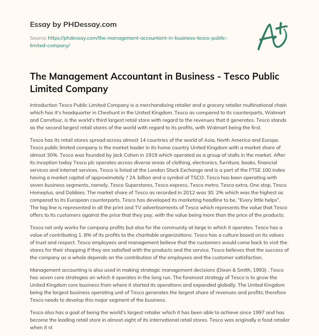The Management Accountant in Business – Tesco Public Limited Company essay