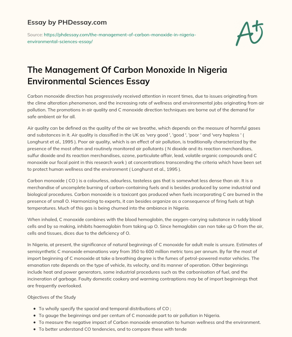 The Management Of Carbon Monoxide In Nigeria Environmental Sciences Essay essay