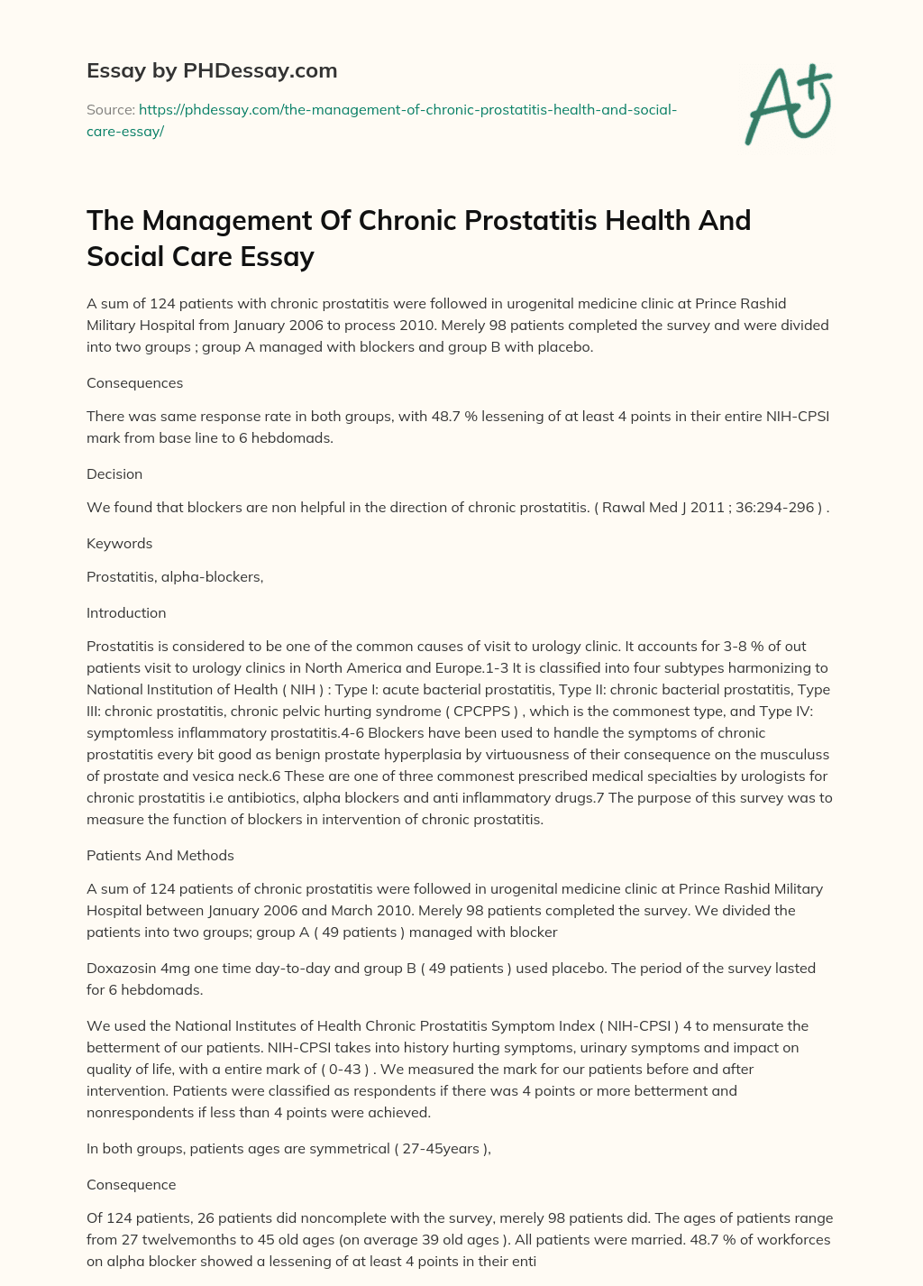 The Management Of Chronic Prostatitis Health And Social Care Essay essay