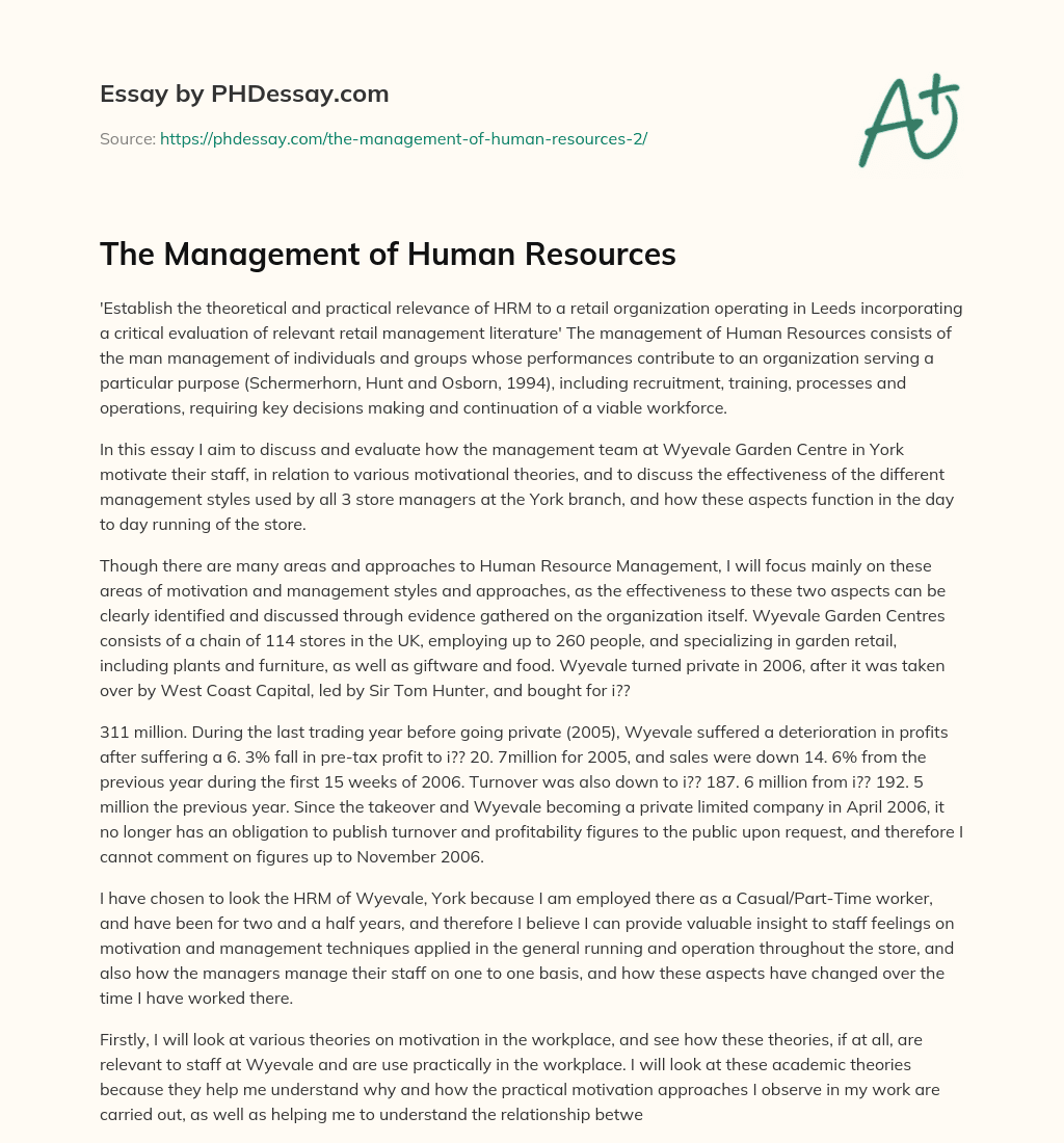 The Management of Human Resources essay