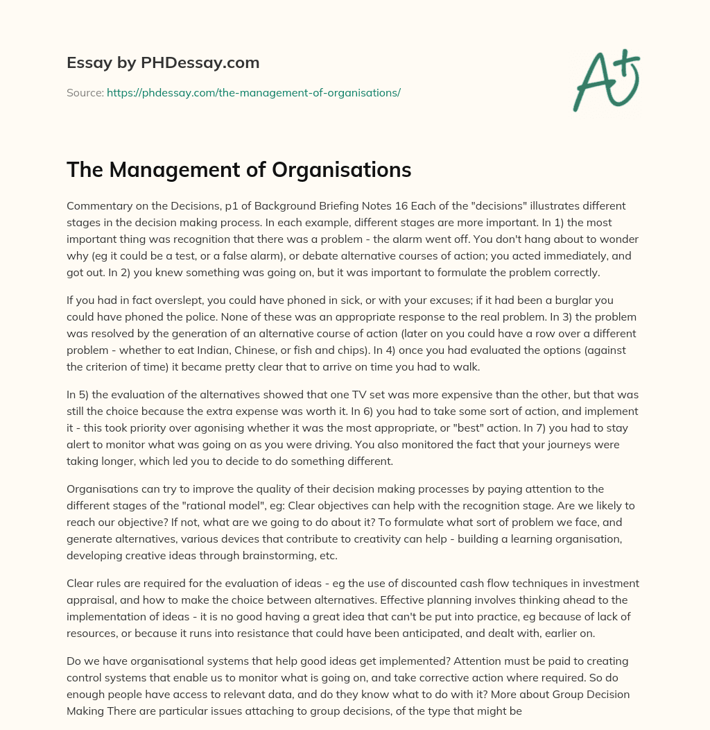 The Management of Organisations essay