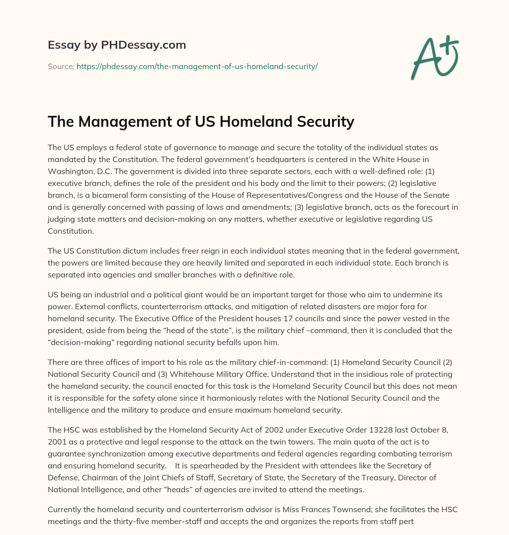 The Management of US Homeland Security essay