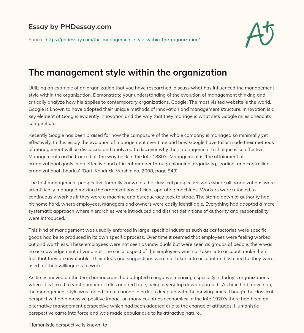The management style within the organization essay