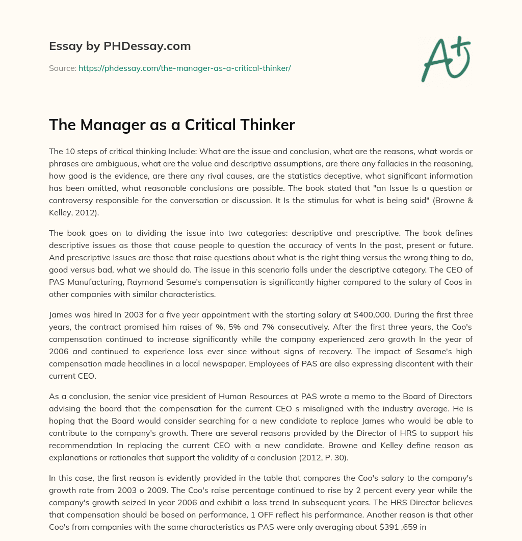 The Manager as a Critical Thinker essay