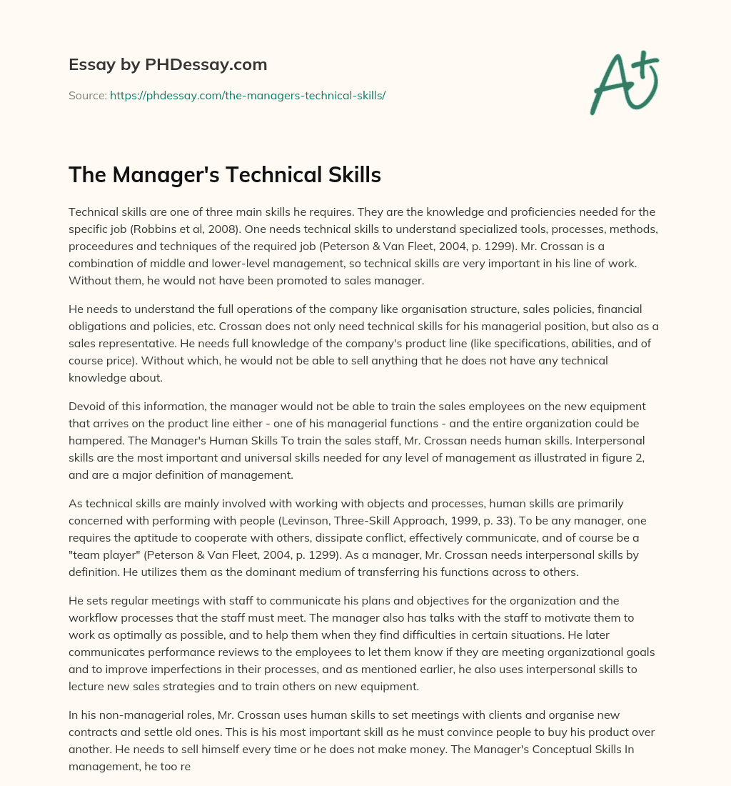 The Manager’s Technical Skills essay