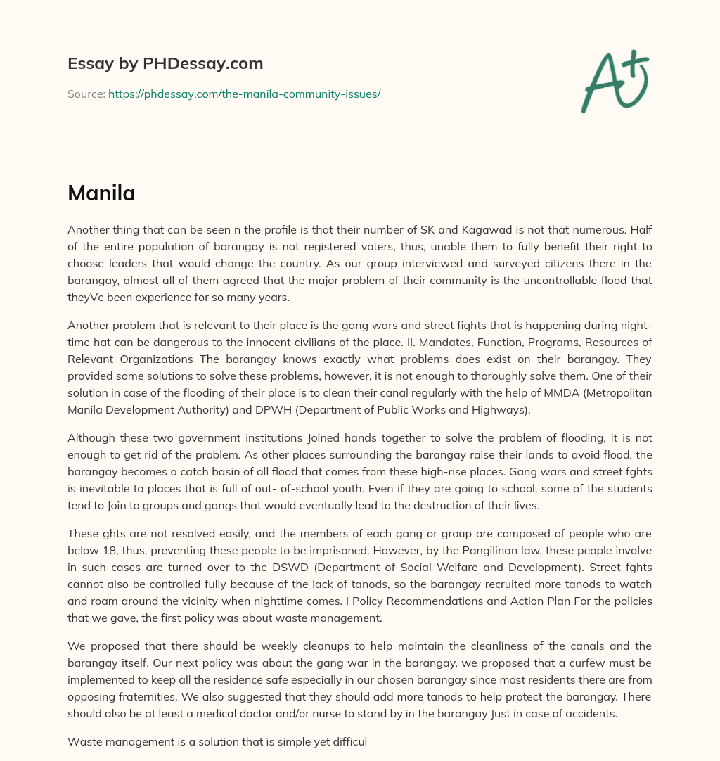 Issues in a Barangay: Floods and Gang Violence, and the Role of Relevant Organizations essay
