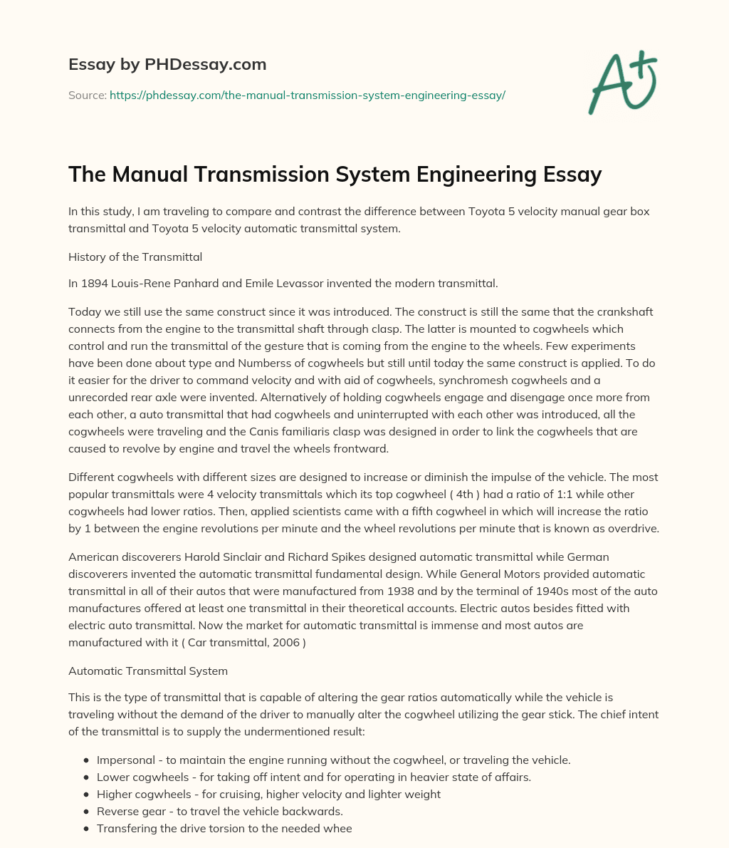 The Manual Transmission System Engineering Essay essay